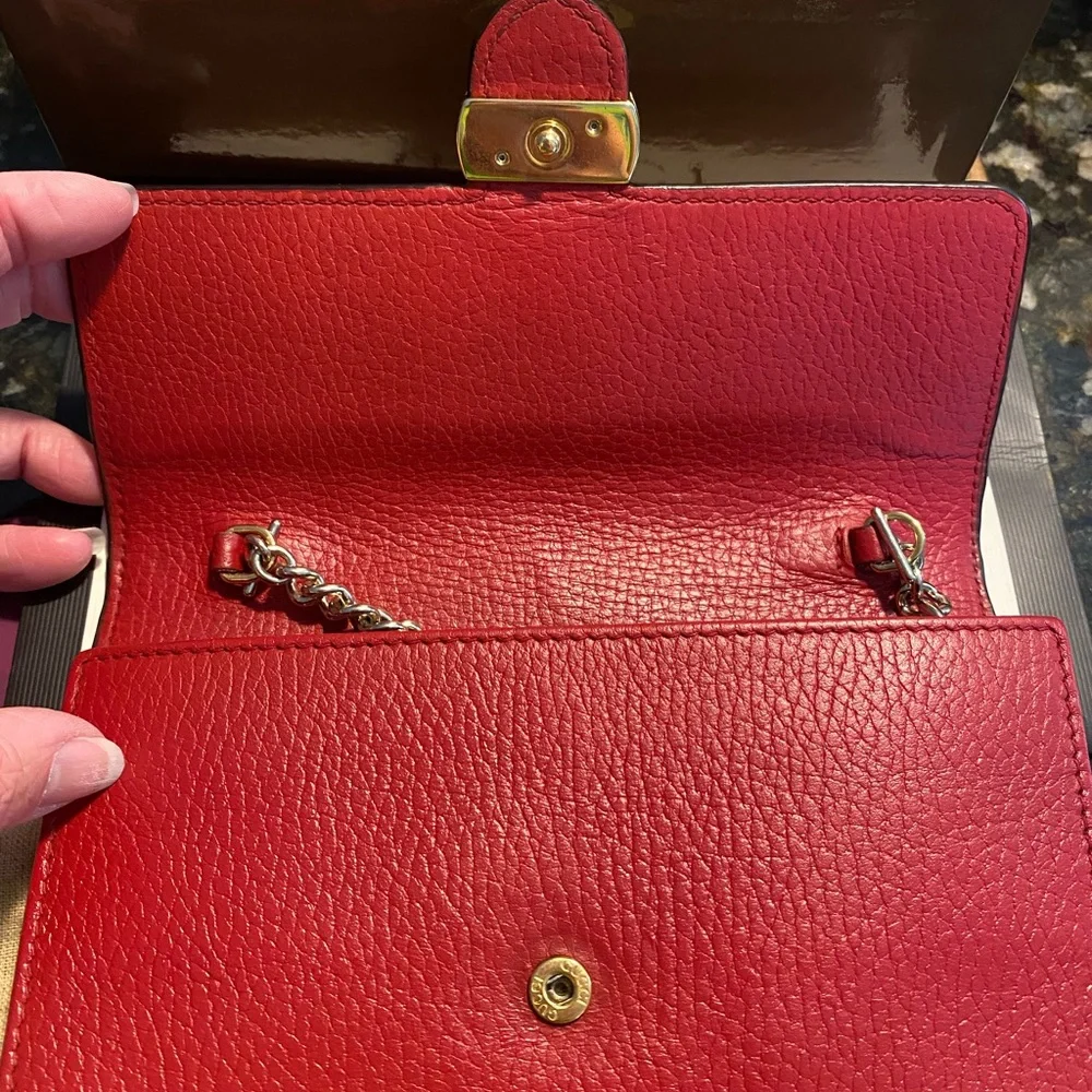 Gucci Red Vintage Wallet On Chain with Gold Tone GG Magnetic Lock Full Inclusion